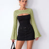 Crochet Cut Out Bell Sleeve Layered Top in Herbal Green