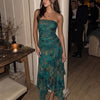 Strapless Bodycon Asymmetrical Hem Solid Sleeveless Midi Dress in Deep Sea Green
