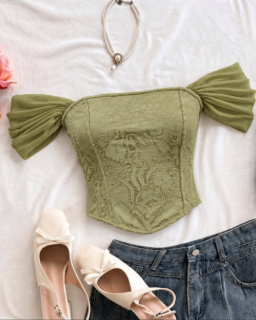 Off Shoulder Floral Corset Top in Olive