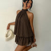 Halter Neck Tiered Romper Dress in Chocolate Brown