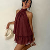 Halter Neck Tiered Romper Dress in Burgundy