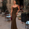 Cowl Neck Spaghetti Strap Maxi Dress in Chocolate Brown