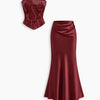 Embellished Strapless Corset Top and Satin Maxi Skirt Co Ord Set in Cherry Red
