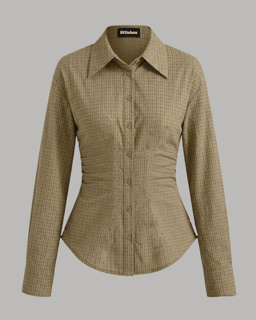 Collar Plaid Ruched Long Sleeve Shirt in Mocha