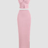 Baby Pink Knitted Two-Piece Set with Strapless Top and Fitted Skirt