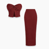 Knitted Two-Piece Set with Strapless Top and Fitted Skirt in Crimson Red