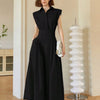 Elegant Collared Sleeveless Midi Dress in Black