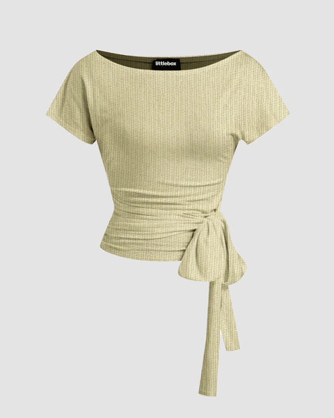 Boat Neck Short Sleeve Knotted Ruched Top