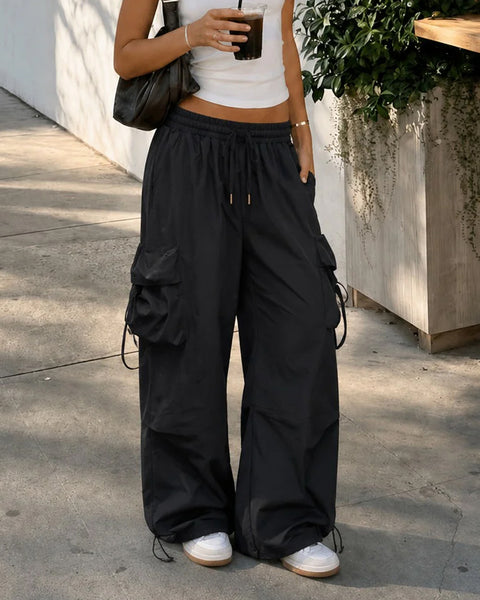 High Waist Flap Pocket Drawstring Cargo Pants in Soft Black