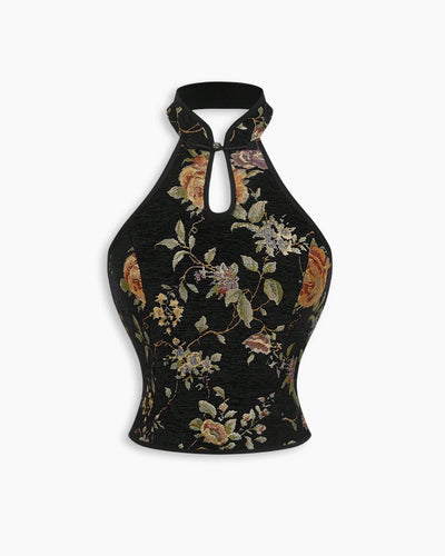 Keyhole Halter Neck Button Floral Top in Classic Black