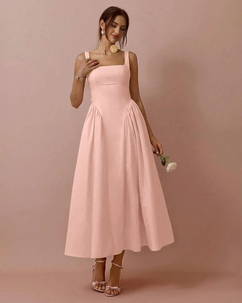 Square Neck Pleated Sleeveless V Waist Dress in Powder Pink