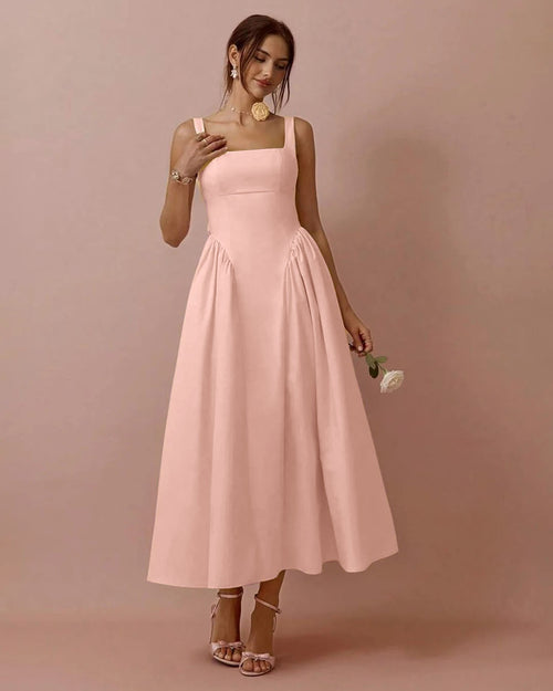 Square Neck Pleated Sleeveless V Waist Dress in Powder Pink