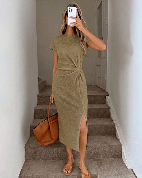 Waist Twist High Slit Sleeveless Midi Dress in Green