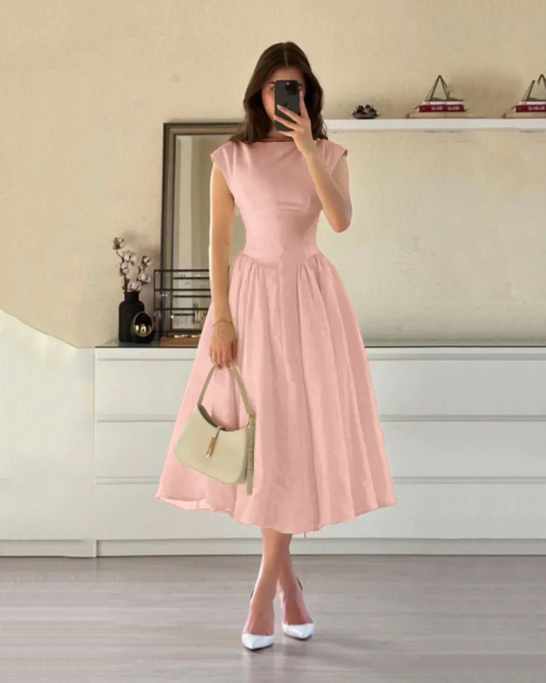 Cap XS Cap Sleeve Fit & Flare A-Line Midi Dress in Powder Pink