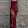Burgundy Ruched Spaghetti Strap Slit Maxi Dress