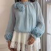 Rosette Detail High Neck Bishop Sleeve Top in Baby Blue