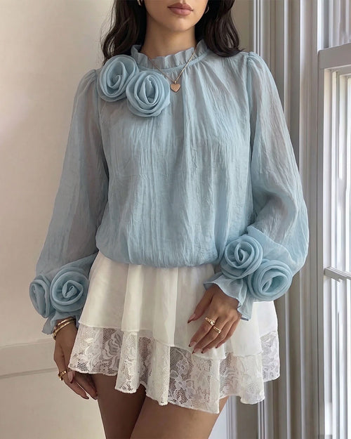Rosette Detail High Neck Bishop Sleeve Top in Baby Blue
