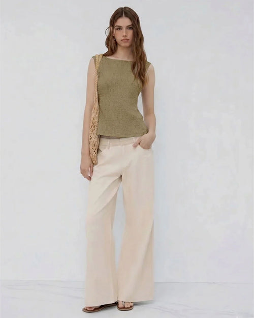 Boat Neck Texture Knotted Split Tank Top in Green