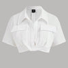 Collared Front Twist Crop Shirt Top in White