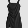 Sleeveless Square Neck Ruched Asymmetric Mini Dress in Black