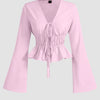 Tie Front Long Sleeve Ruffle Hem Top in Pink