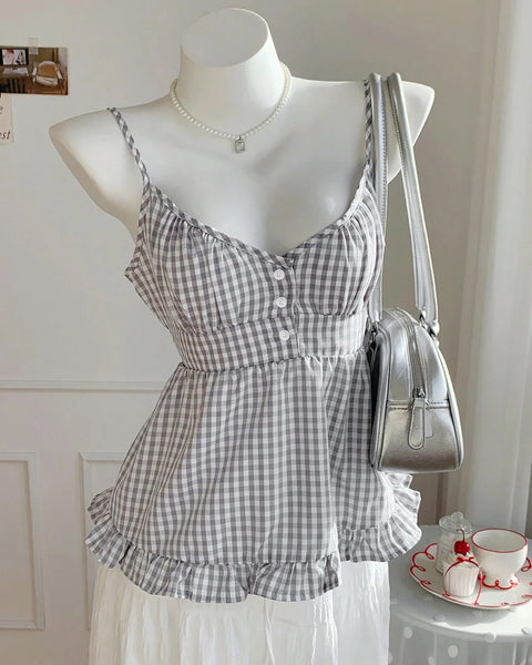 Ruffle Hem Gingham Cami Top in Ash Grey