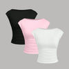 Ruched Cap Sleeve Fitted Tops Combo Pack of 3 In Black, Baby Pink And White