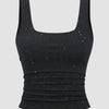 Square Neck Ruched Tank Top in Mesh Black