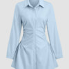 Sky Blue Ruched Shirt Dress with Long Sleeves