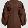 Balloon Sleeve Collared Button-Down Shirt Dress in Rust