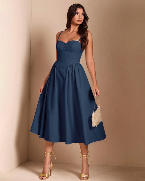 Spaghetti Strap Maxi Flare Dress in Navy Blue