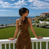 Cowl Neck Draped Mini Dress in Chocolate Brown