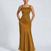 Square Neck Ruched Bodycon Maxi Dress in Olive Green