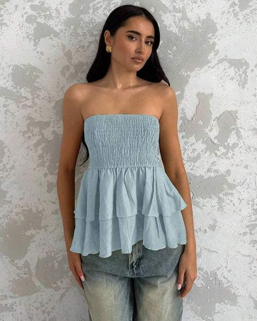 Strapless Smocked Layered Hem Top in Baby Blue