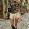 Asymmetrical Neck Leopard Pattern Ruched Knotted Top in Tan Brown