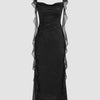 Black Ruched Ruffle Mesh Sleeveless Bodycon Midi Dress
