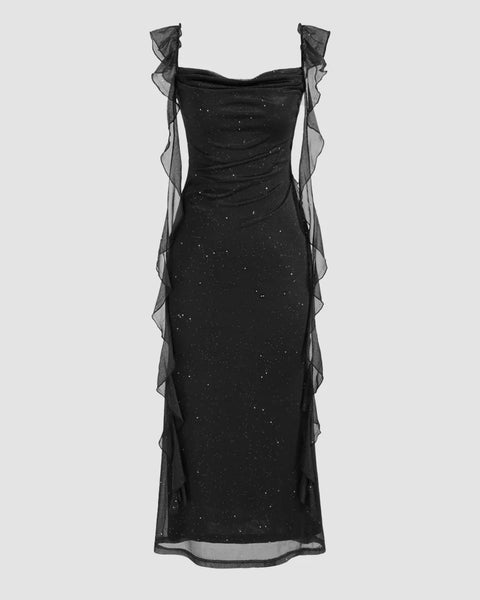 Black Ruched Ruffle Mesh Sleeveless Bodycon Midi Dress