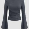 Boat Neck Solid Ruched Long Sleeve Top in Dark Grey