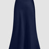Satin Bias-Cut Flared Midi Skirt in Navy Blue