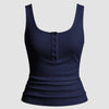 A navy blue ribbed tank top with a scoop neckline and button-down front. Sleeveless and slim-fitting, made from breathable fabric for a comfortable yet structured look.