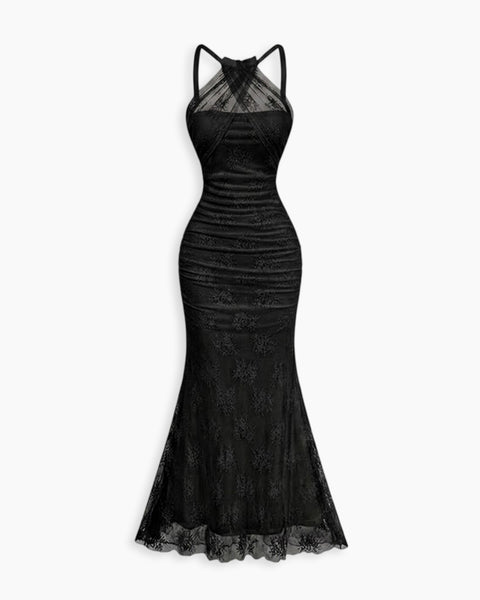 Halter Neck Ruched Mermaid Maxi Dress in Classic Black