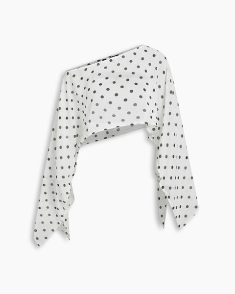 Asymmetrical Neck Polka Dot Mesh Crop Top in Classic White