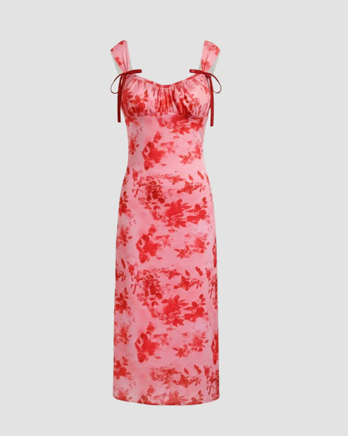 Mesh Square Neck Floral Bowknot Midi Dress in Rose
