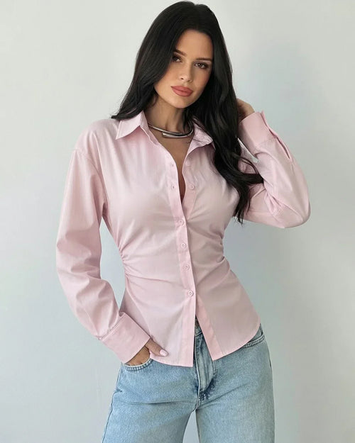 Collared V-Neck Slim Fit Striped Full Sleeve Shirt in Pink