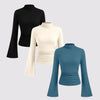 Combo Of 3 : High Neck Ruched Long Sleeve Top In Black, Off-White and Teal Blue
