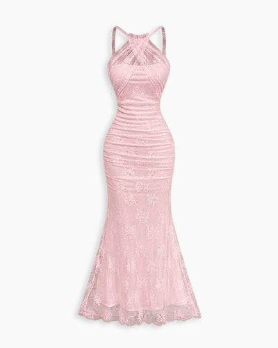 Halter Neck Ruched Mermaid Maxi Dress in Baby Pink