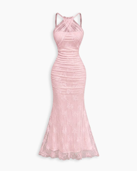 Halter Neck Ruched Mermaid Maxi Dress in Pink