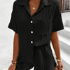 Solid Button Front Shirt and  Short Set In Black