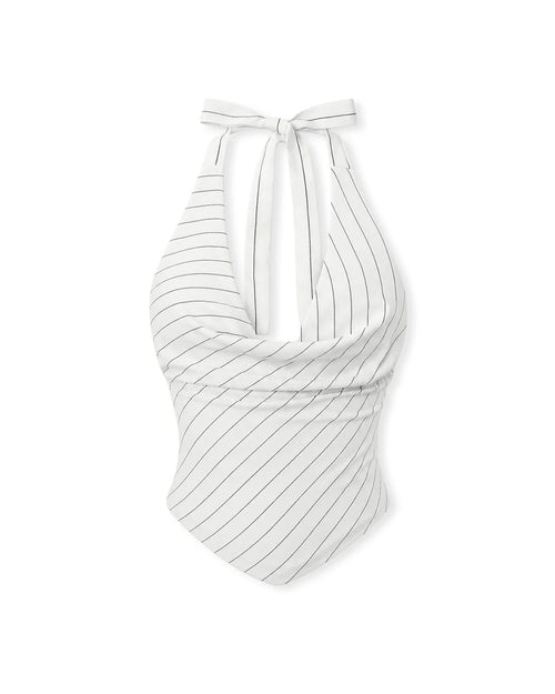 Striped Tie Halter Neck Fitted Top in White