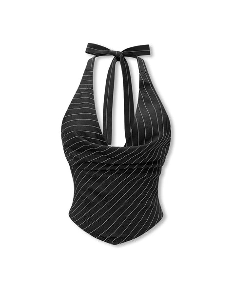 Striped Tie Halter Neck Fitted Top in Black